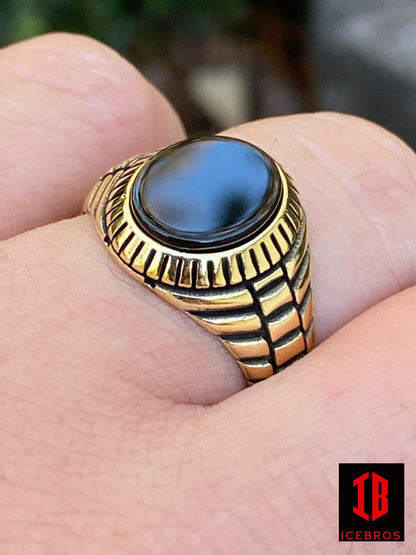 Men 14k Gold Over Real Solid 925 Sterling Silver Black Onyx Round Signet Ring