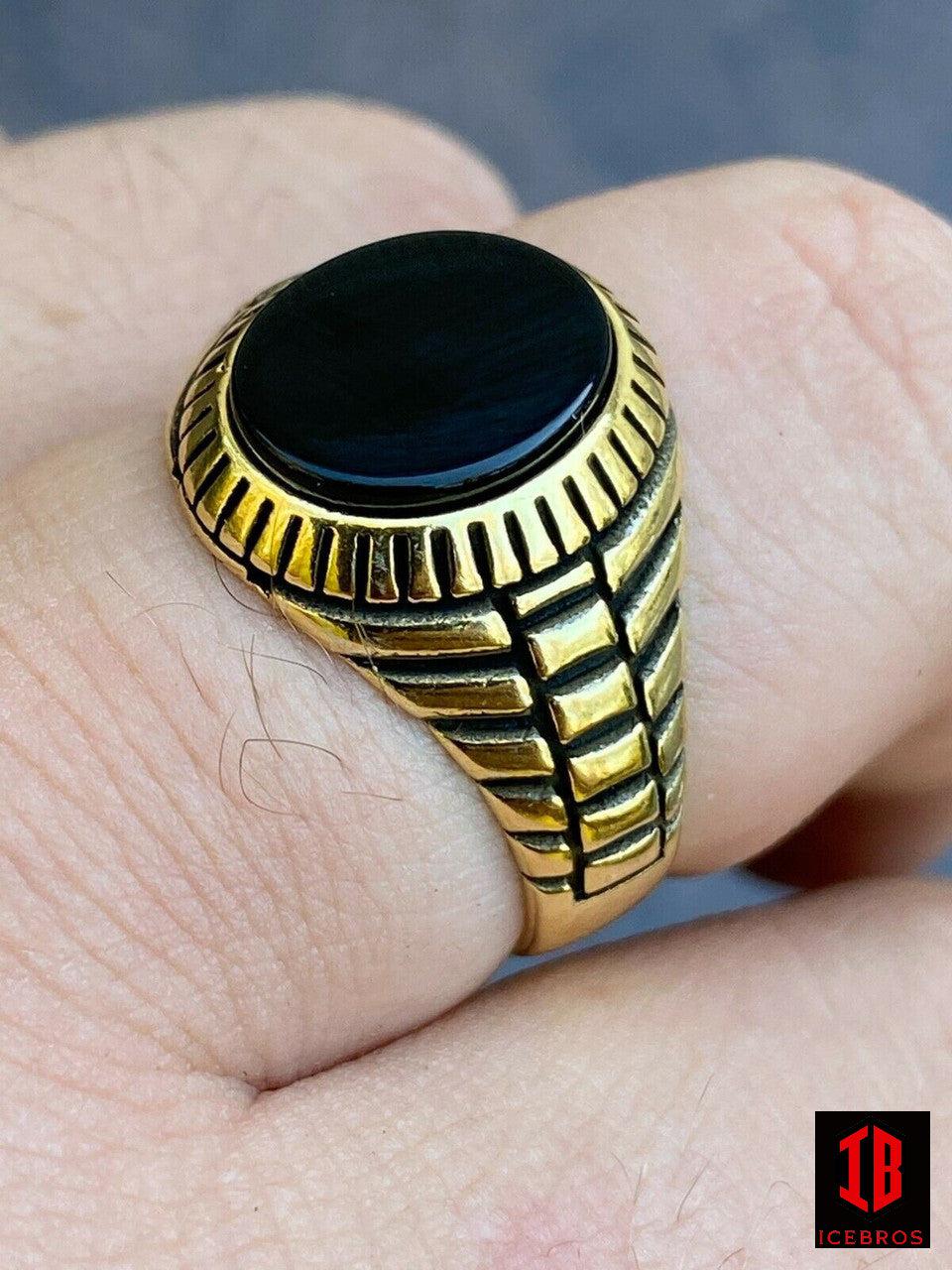 Men 14k Gold Over Real Solid 925 Sterling Silver Black Onyx Round Signet Ring