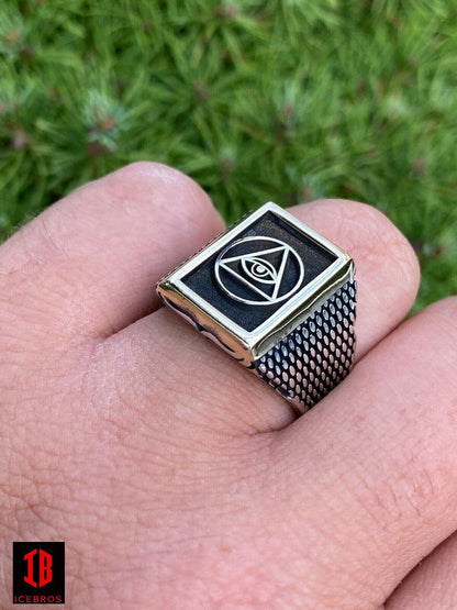 Men's 14k Gold Vermeil 925 Silver All Seeing Eye Of Providence Masonic Ring