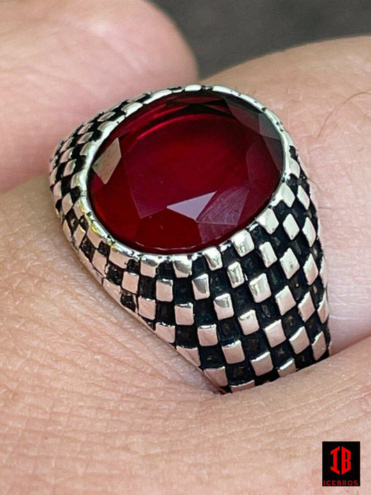 Mens Plain Real 925 Sterling Silver Ruby Red Stone Ring Pinky Or Signet Checker