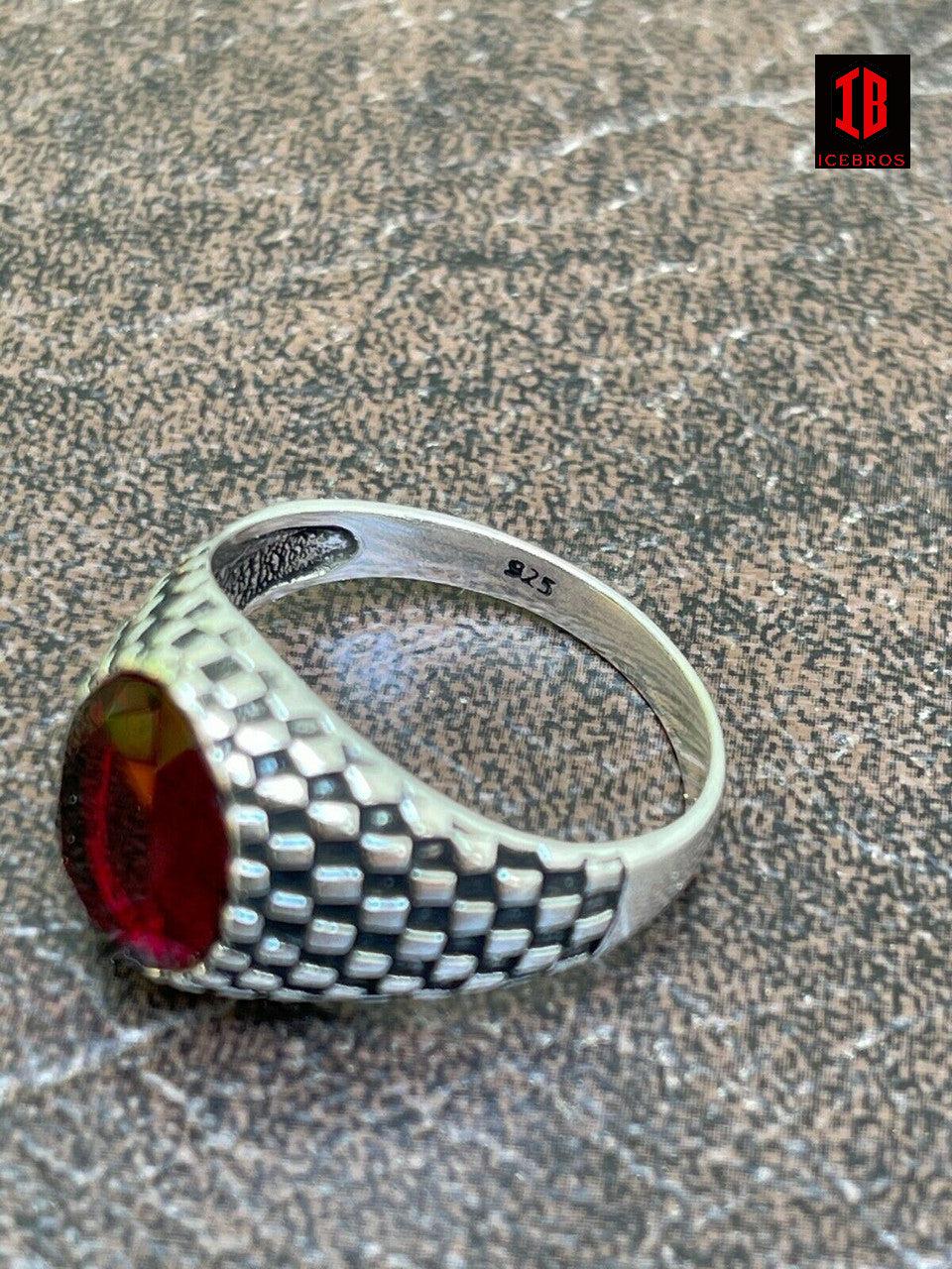 Mens Plain Real 925 Sterling Silver Ruby Red Stone Ring Pinky Or Signet Checker