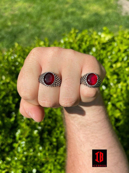 Mens Plain Real 925 Sterling Silver Ruby Red Stone Ring Pinky Or Signet Checker