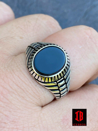 Men 14k Gold Over Real Solid 925 Sterling Silver Black Onyx Round Signet Ring