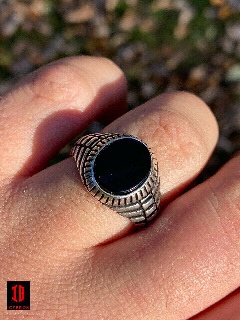 Men 14k Gold Over Real Solid 925 Sterling Silver Black Onyx Round Signet Ring