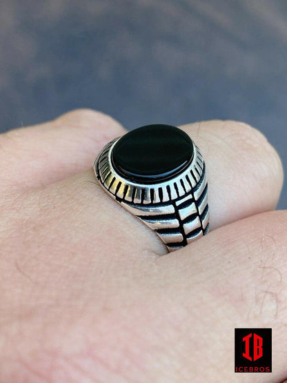 Men 14k Gold Over Real Solid 925 Sterling Silver Black Onyx Round Signet Ring