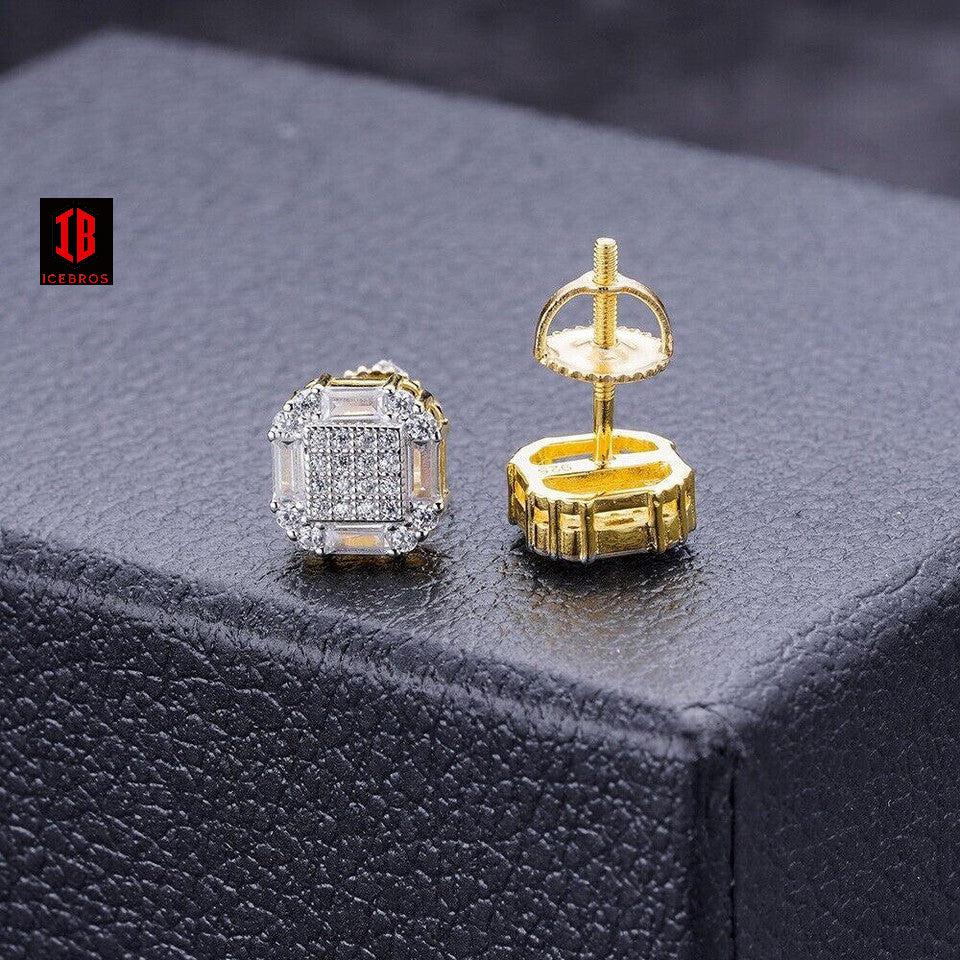 Cubic Zirconia 925 Silver 14k Gold Bonded Ice Screw-back Earrings 10mm Baguette Studs