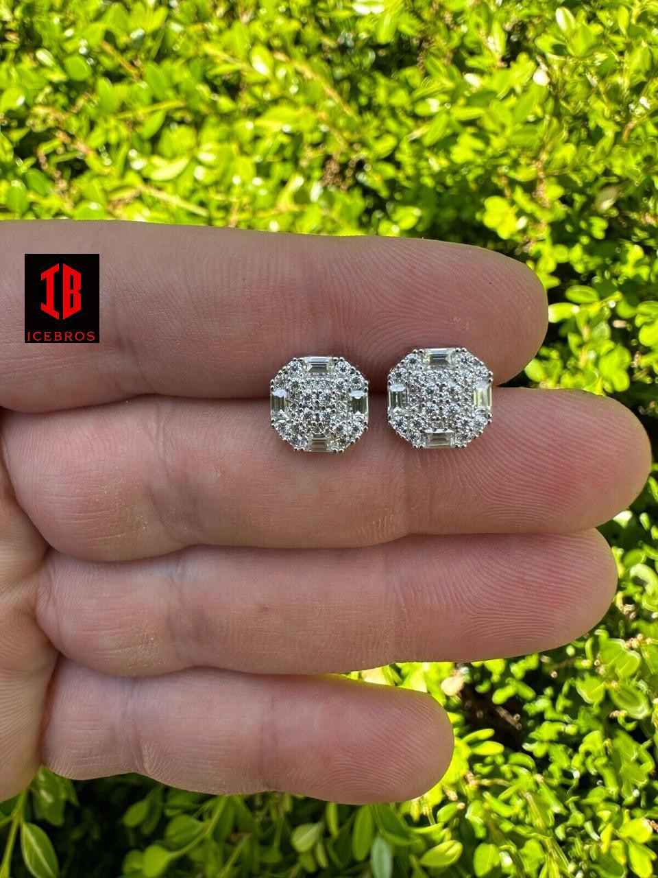 Moissanite 925 Silver 14k Gold Bonded Ice Screw-back Earrings 10mm Baguette Studs