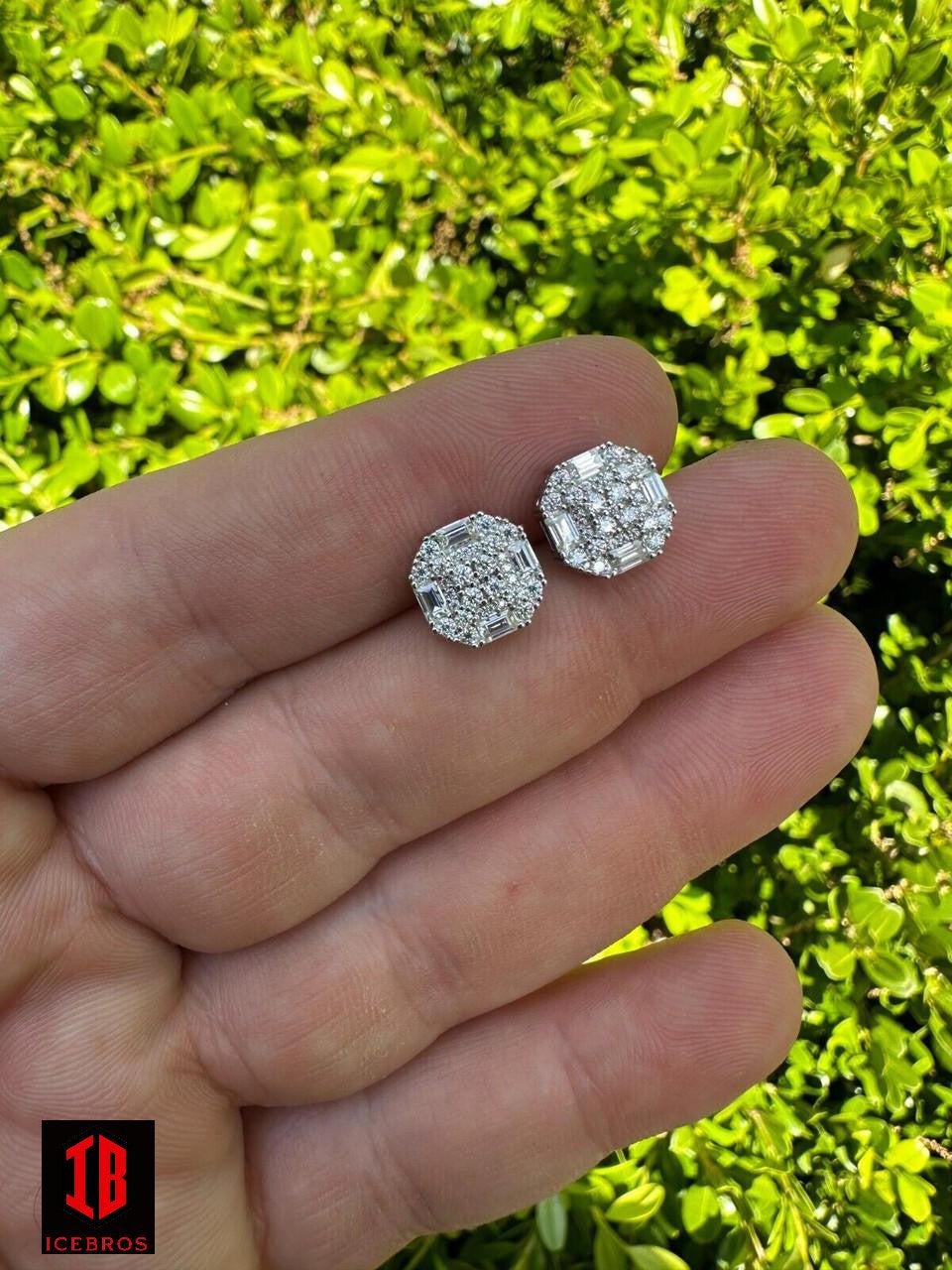 Moissanite 925 Silver 14k Gold Bonded Ice Screw-back Earrings 10mm Baguette Studs