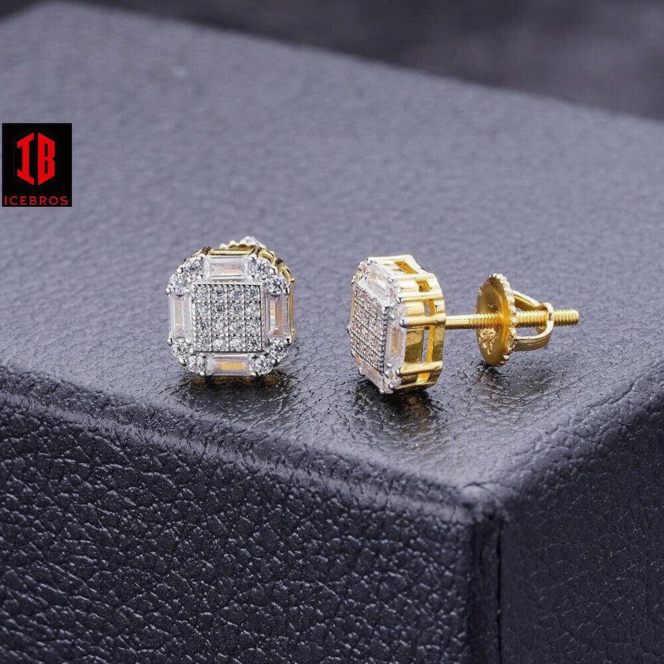 Moissanite 925 Silver 14k Gold Bonded Ice Screw-back Earrings 10mm Baguette Studs