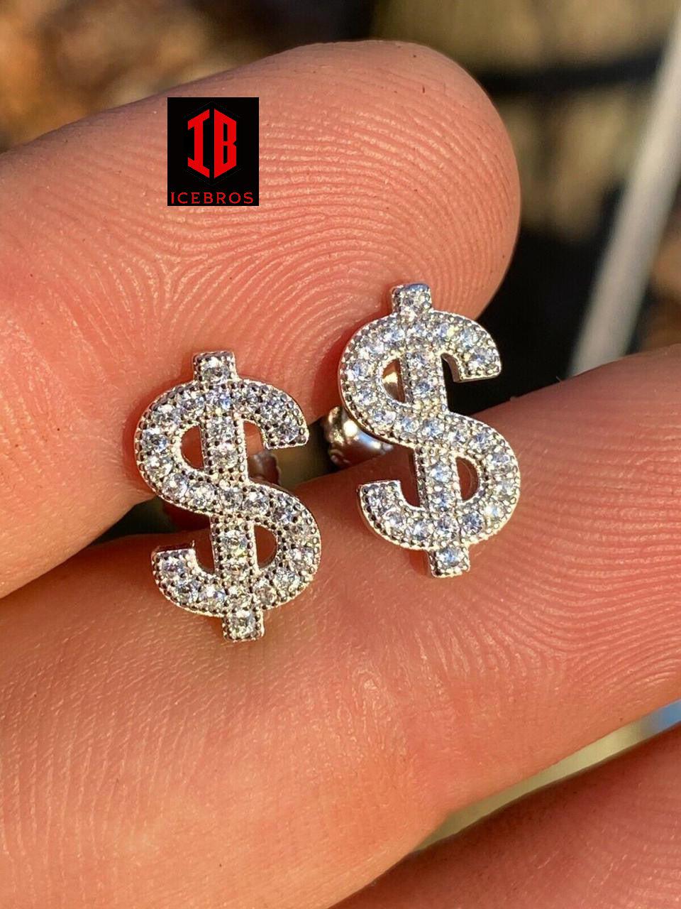 MOISSANITE Unisex 925 Silver Men Ladies Dollar Sign $ Money Earrings Iced Studs