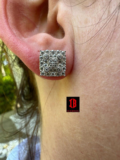 Screw-backs Earring Square 10mm Real 925 Silver CZ Iced Large Unisex Studs Hip Hop