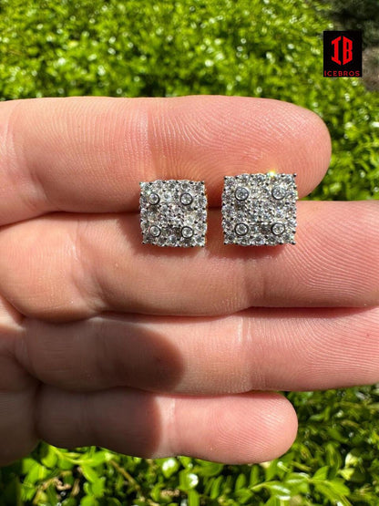 Screw-backs Earring Square 10mm Real 925 Silver CZ Iced Large Unisex Studs Hip Hop