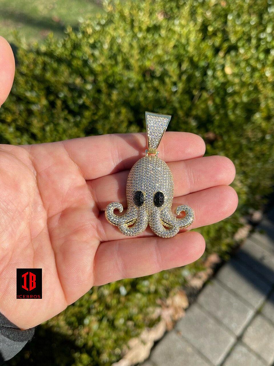 Octopus Emoji Charm Solid 925 Sterling Silver ICED Diamond Hip Hop Piece Iced