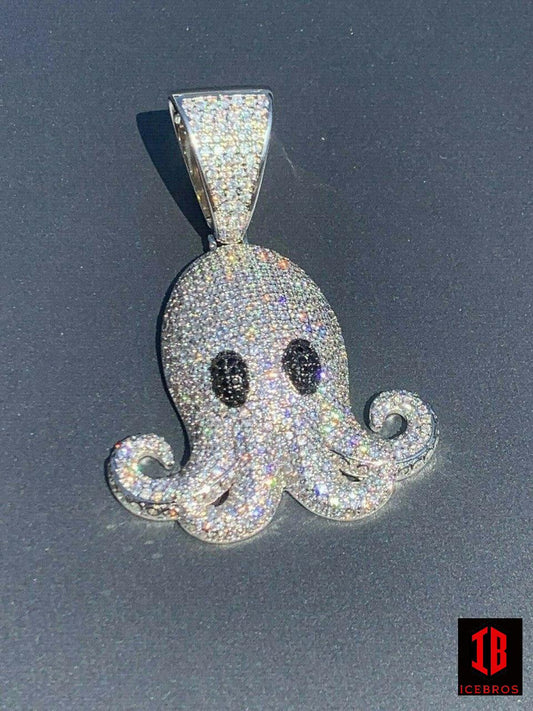 Octopus Emoji Charm Solid 925 Sterling Silver ICED Diamond Hip Hop Piece Iced