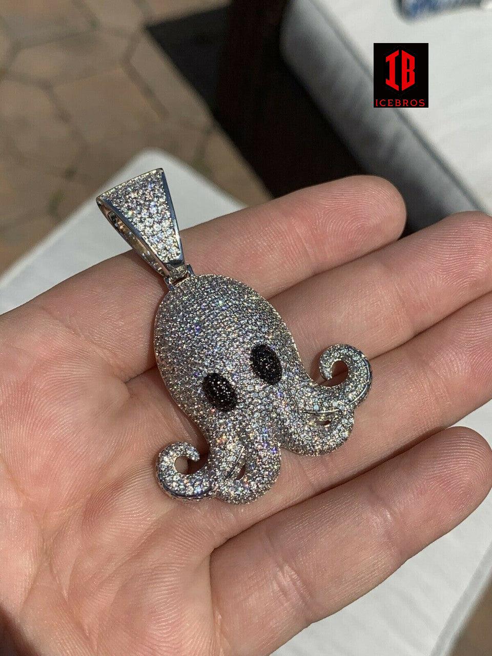 Octopus Emoji Charm Solid 925 Sterling Silver ICED Diamond Hip Hop Piece Iced