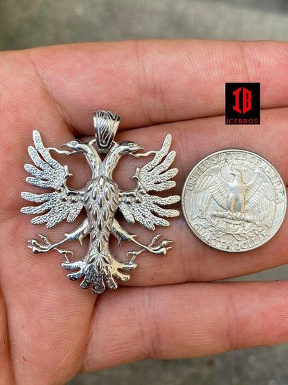 10K Gold Solid 925 Silver Double Headed Eagle Pendant Necklace Matte Albania Kosova