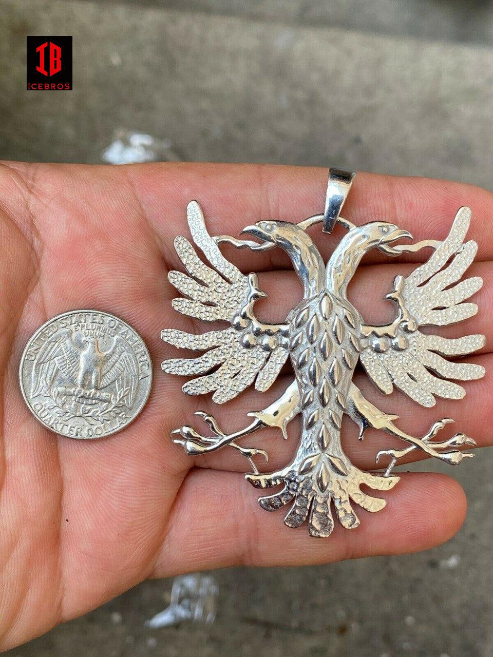 10K Gold Solid 925 Silver Double Headed Eagle Pendant Necklace Matte Albania Kosova