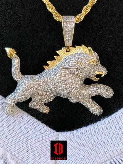 Vermeil 925 Silver Real Iced 2ct Diamond Rasta Lion Iced Leo Pendant White Gold