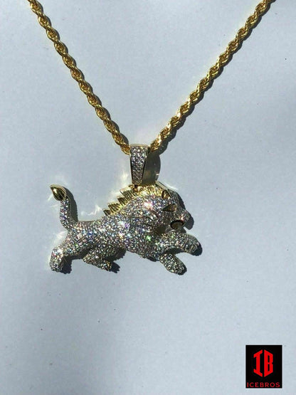 Vermeil 925 Silver Real Iced 2ct Diamond Rasta Lion Iced Leo Pendant White Gold