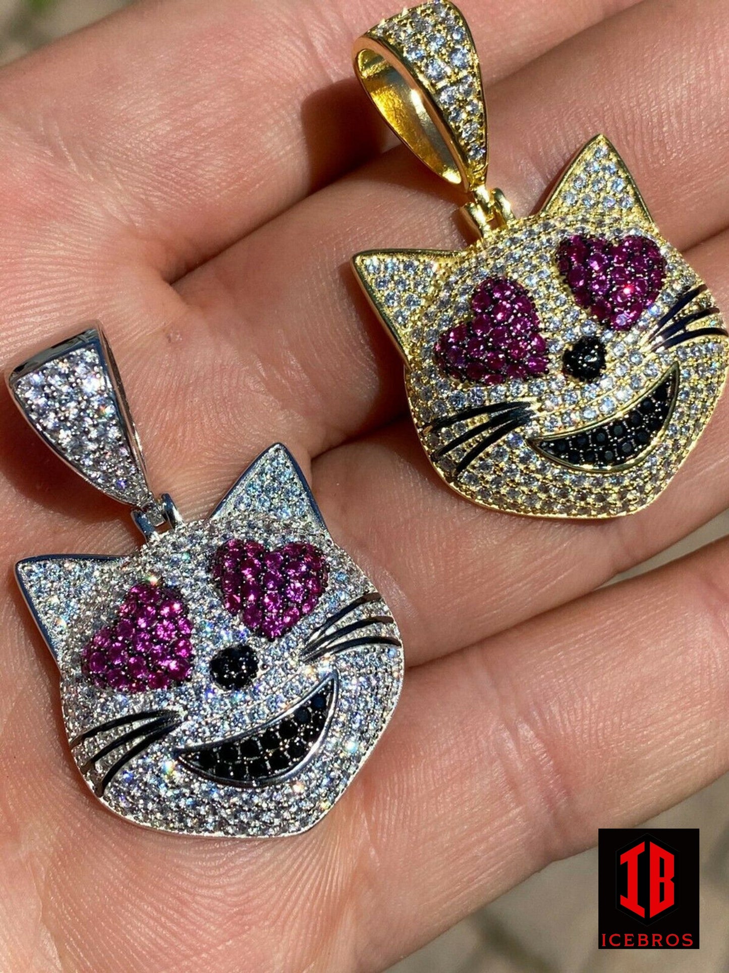 925 Silver Colorful Cat Heart Love Emoji Pendant Necklace Iced Gold