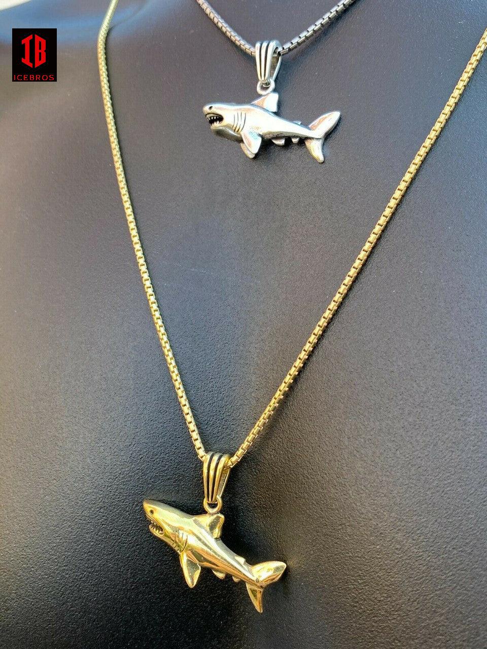 925 Sterling Silver 3D Great White Shark Gold Large Men's Ladies Chain