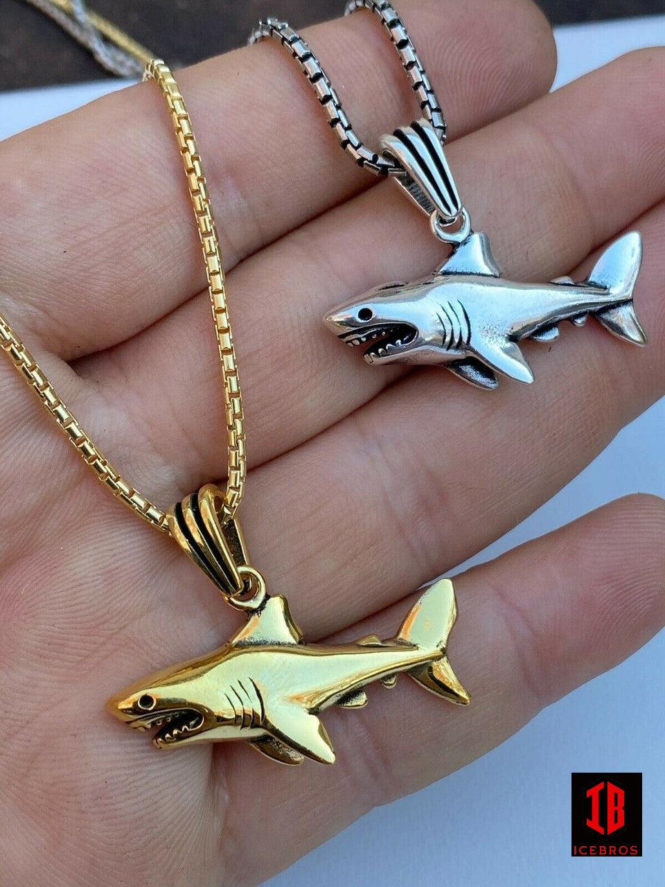 925 Sterling Silver 3D Great White Shark Gold Large Men's Ladies Chain