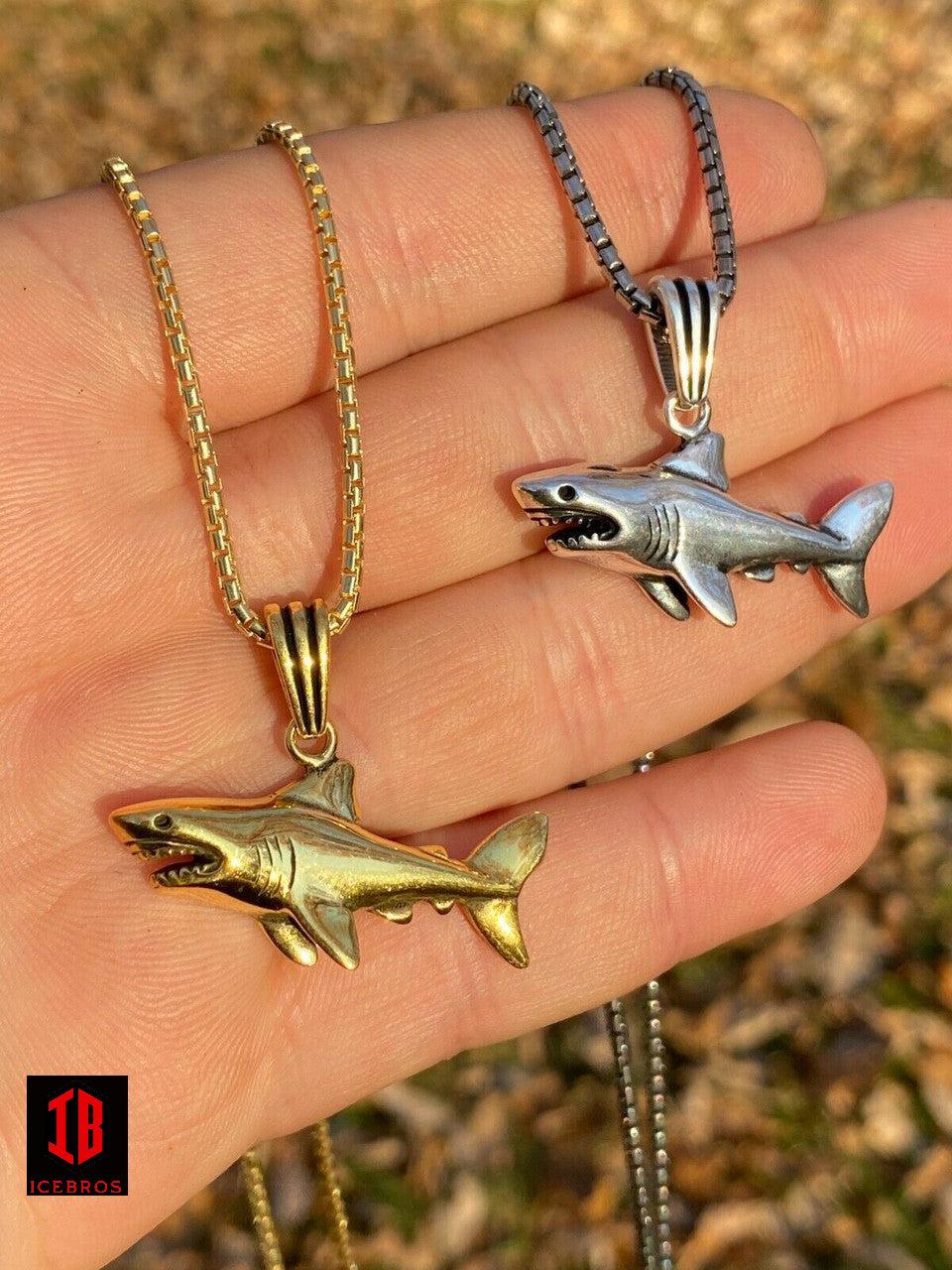 925 Sterling Silver 3D Great White Shark Gold Large Men's Ladies Chain