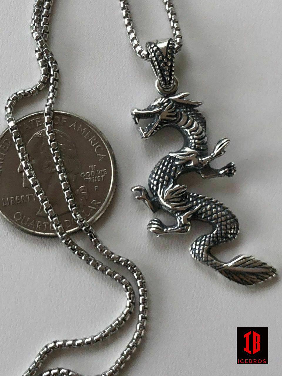 925 Sterling Silver Chinese Pagan Dragon Men's Pendant & Chain