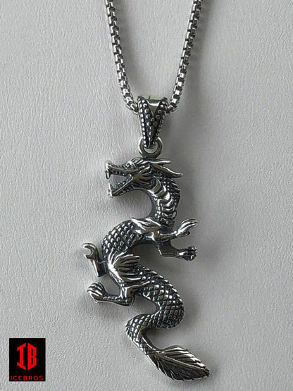 925 Sterling Silver Chinese Pagan Dragon Men's Pendant & Chain