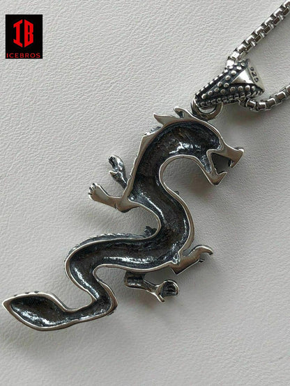 925 Sterling Silver Chinese Pagan Dragon Men's Pendant & Chain