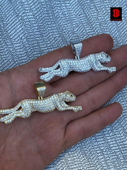 Large Vermeil 925 Sterling Panther Cheetah Puma Pendant Necklace Iced Gold Silver