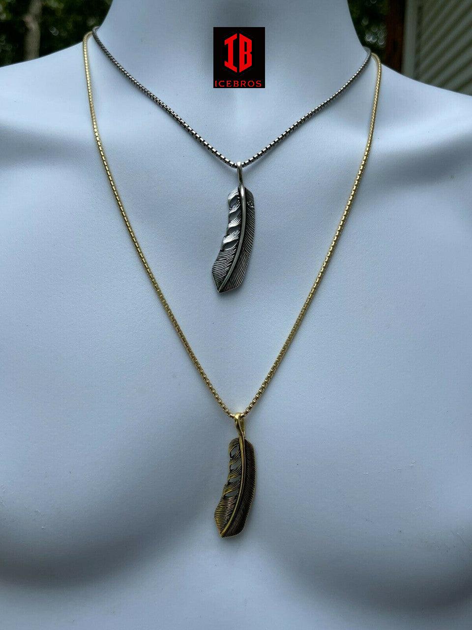 925 Sterling Silver Eagle Feather Charm Necklace Gold Men's Women's