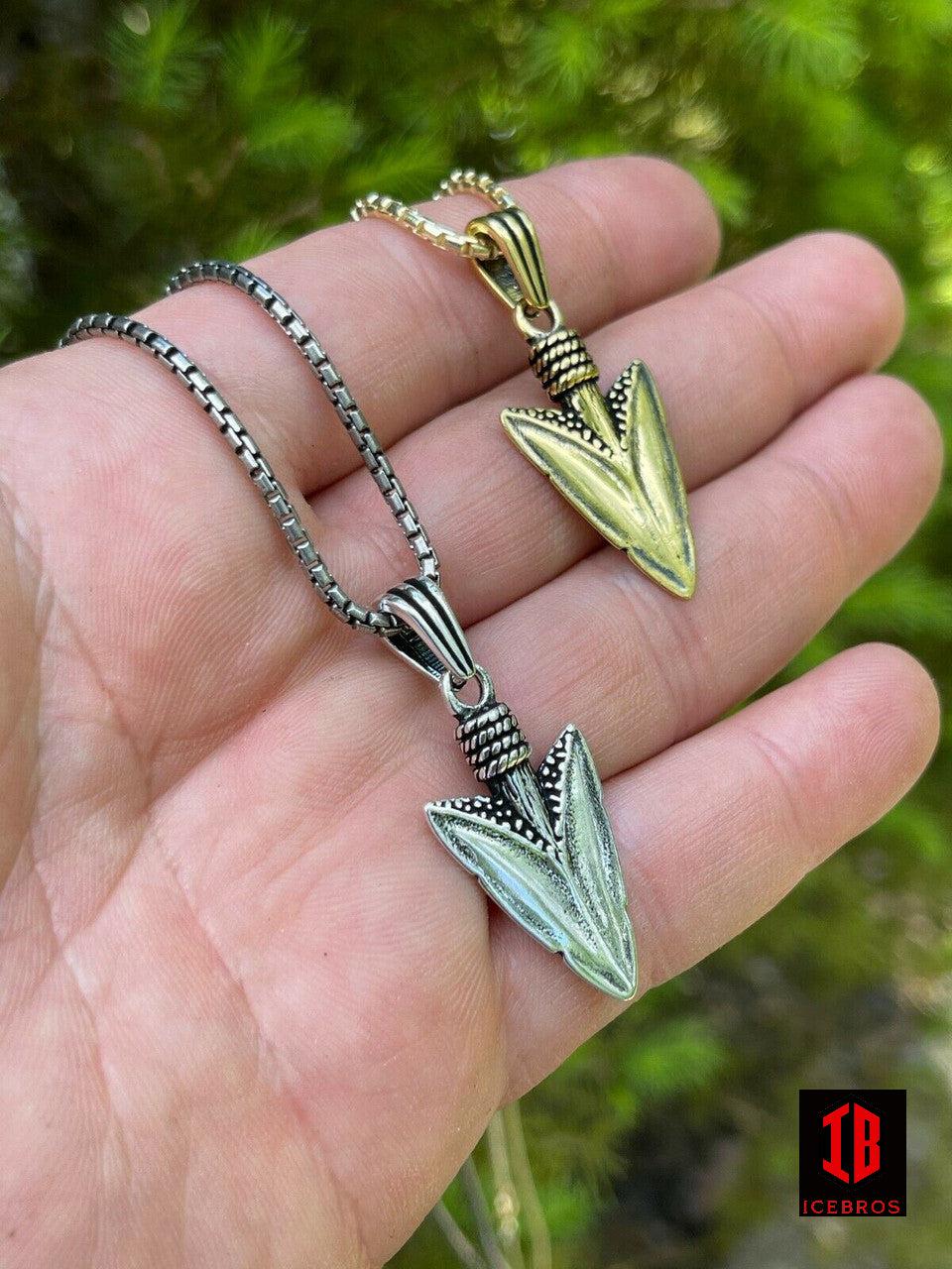 Men's14K 925 Silver Finish Shark Tooth Spear Head Pendant Necklace