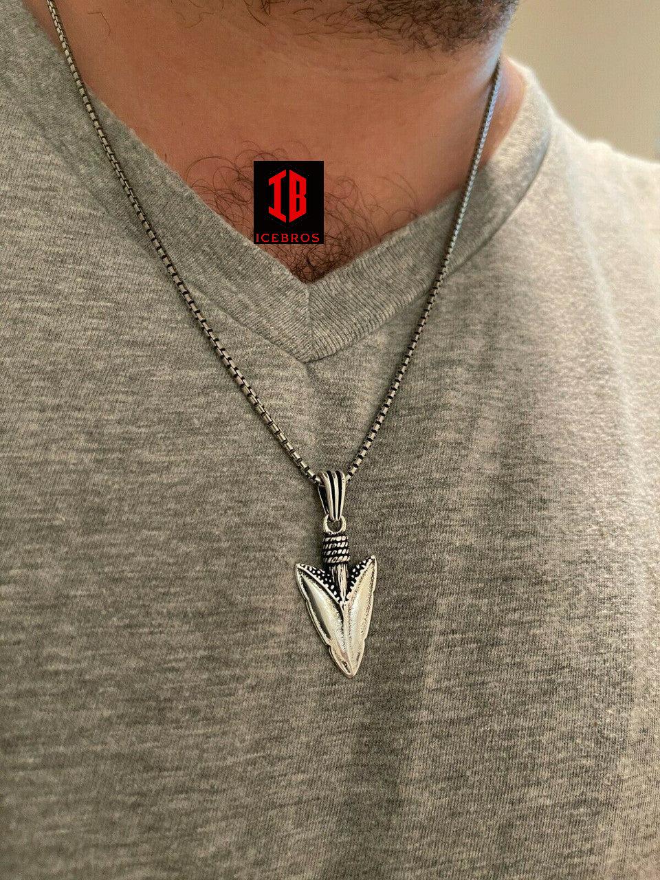 Men's14K 925 Silver Finish Shark Tooth Spear Head Pendant Necklace