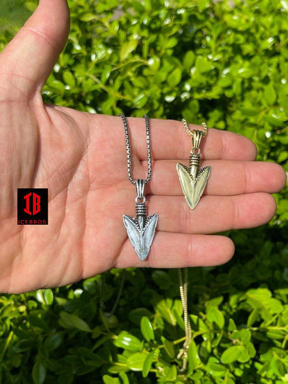 Men's14K 925 Silver Finish Shark Tooth Spear Head Pendant Necklace