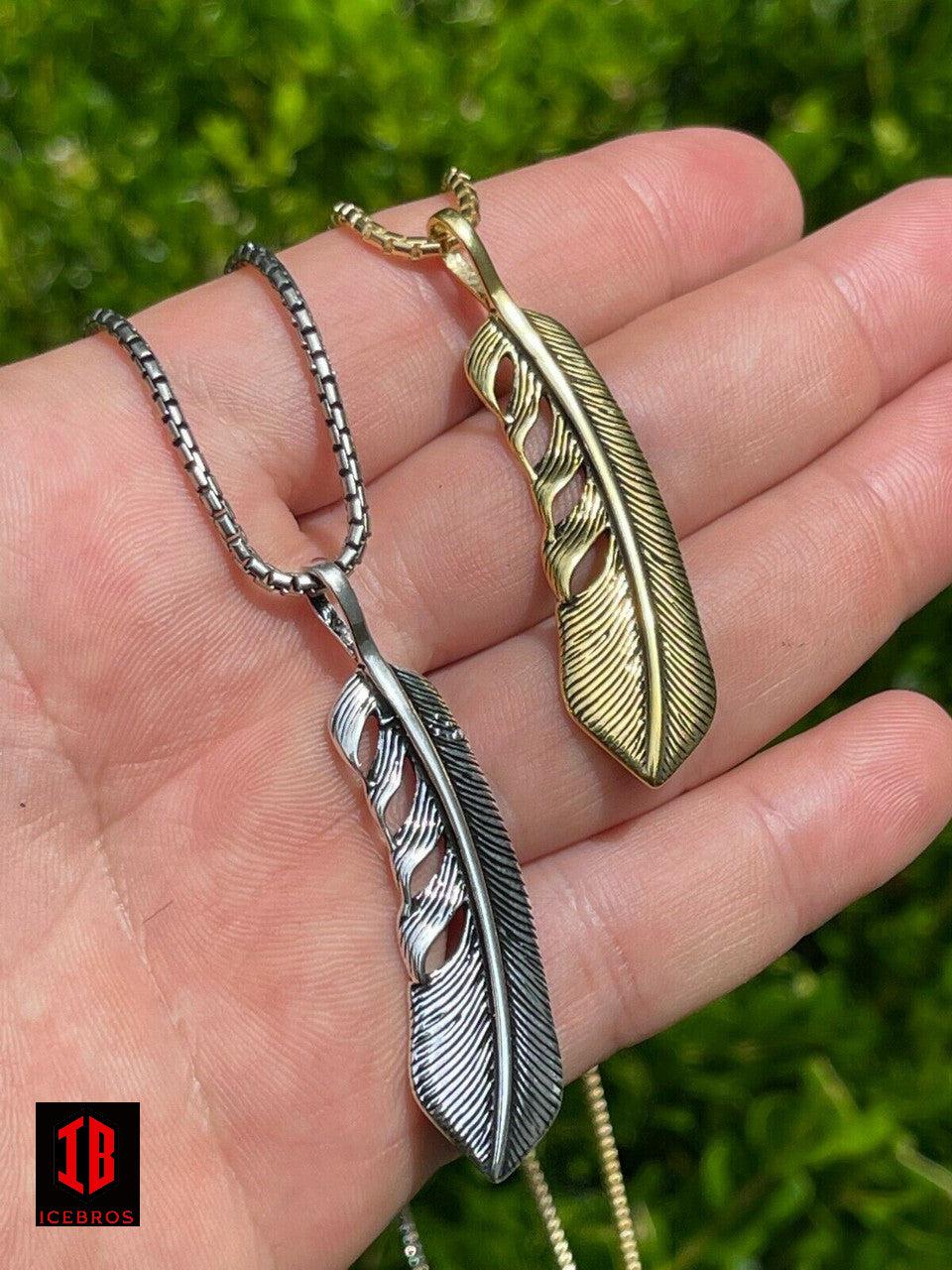 925 Sterling Silver Eagle Feather Charm Necklace Gold Men's Women's