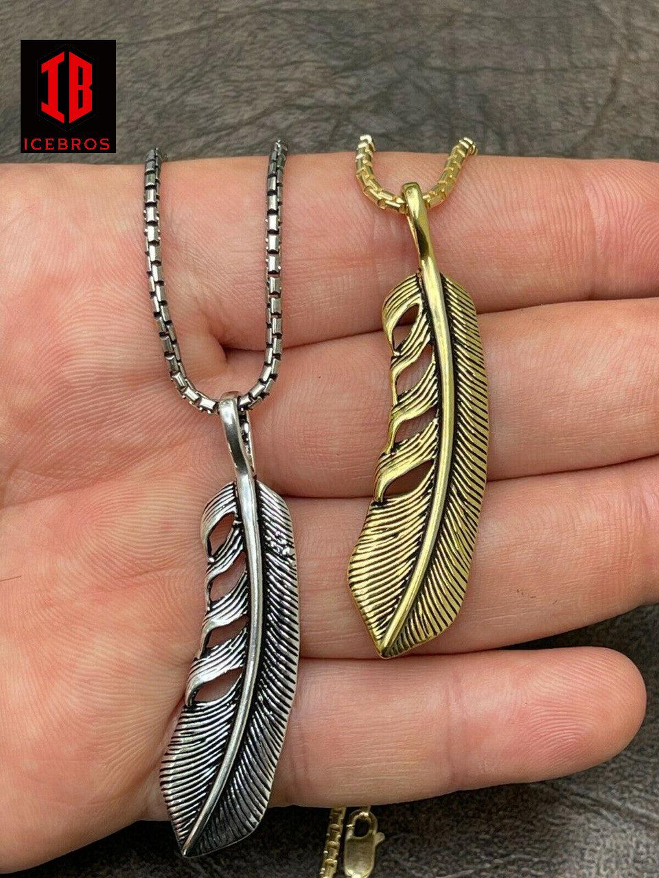 925 Sterling Silver Eagle Feather Charm Necklace Gold Men's Women's