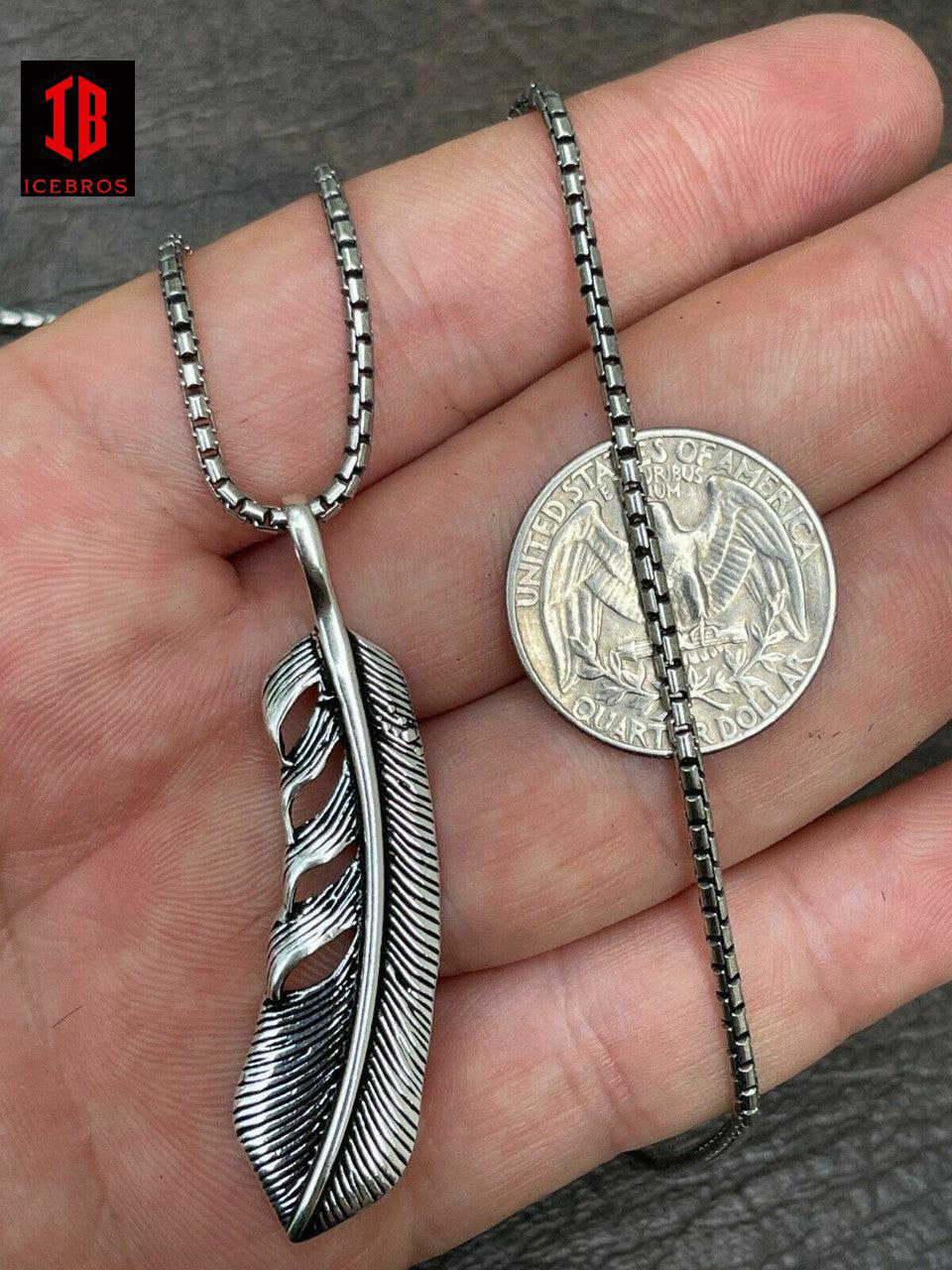 925 Sterling Silver Eagle Feather Charm Necklace Gold Men's Women's