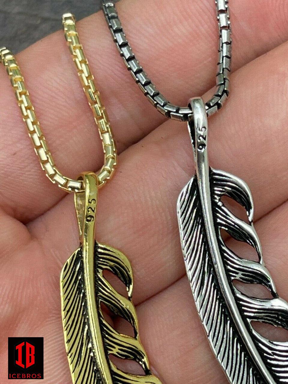 925 Sterling Silver Eagle Feather Charm Necklace Gold Men's Women's