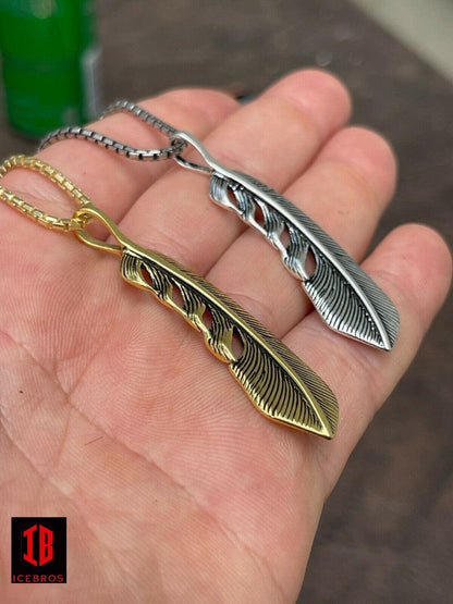 925 Sterling Silver Eagle Feather Charm Necklace Gold Men's Women's