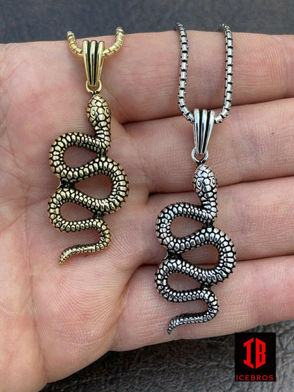 925 Sterling Silver Cobra Snake Viper Pendant White Gold Necklace Large