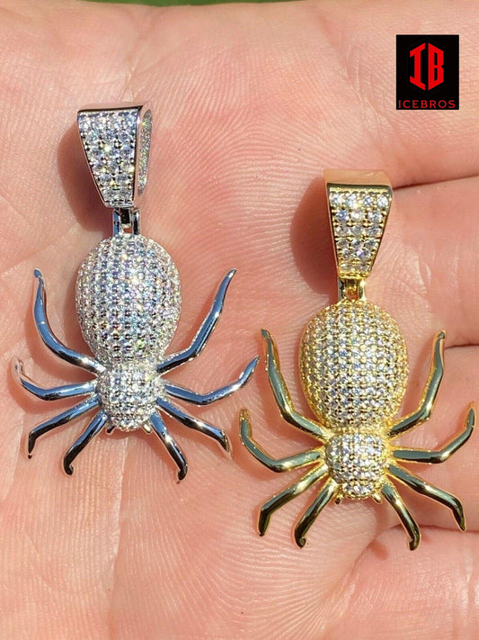 Unisex Real 925 Sterling Silver Spider Pendant Necklace Iced Gold HipHop