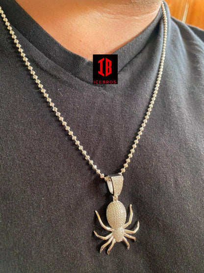 Unisex Real 925 Sterling Silver Spider Pendant Necklace Iced Gold HipHop