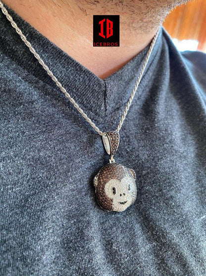 Vermeil 925 Silver Hip Hop Monkey Face Emoji Pendant Necklace Iced Gold
