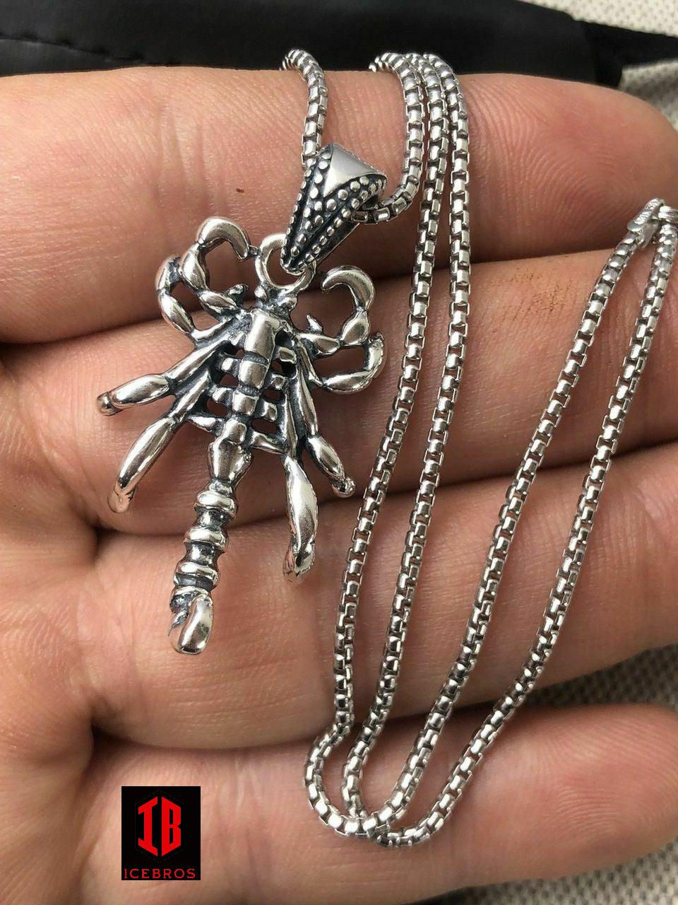 Vermeil 925 Sterling Silver Scorpio Scorpion Men's Biker Pendant W. 22” Chain Italy