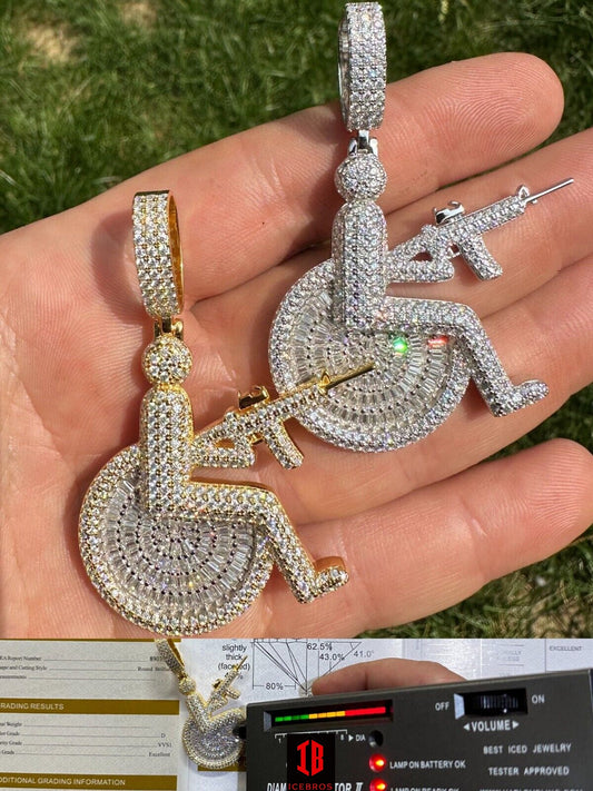 Moissanite Handicap In Wheelchair & AK47 Gun 925 Silver 14K Gold Plated Iced Pendant