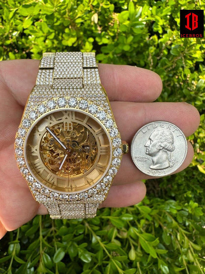 MOISSANITE Automatic Gold Skeleton Watch Unisex Real Iced Hip Hop Pass D Tester ✅
