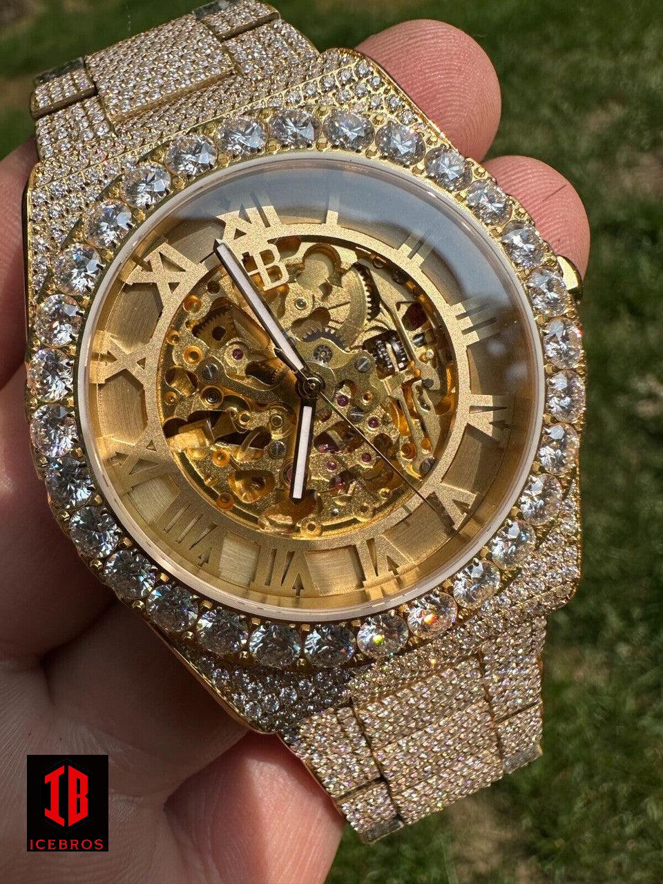 MOISSANITE Automatic Gold Skeleton Watch Unisex Real Iced Hip Hop Pass D Tester ✅