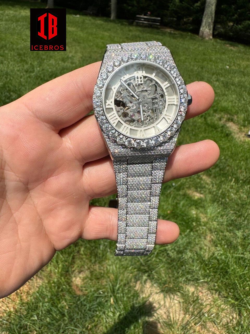 ICEBROS MOISSANITE Automatic White Gold Rhodium Skeleton Watch Unisex Real Iced Hip Hop Pass D Tester ✅