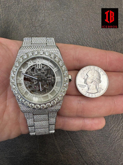 ICEBROS MOISSANITE Automatic White Gold Rhodium Skeleton Watch Unisex Real Iced Hip Hop Pass D Tester ✅